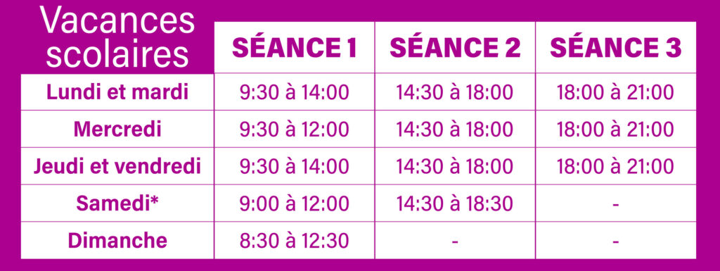 Horaires vacances scolaire Dragon d'Eau 2026-27